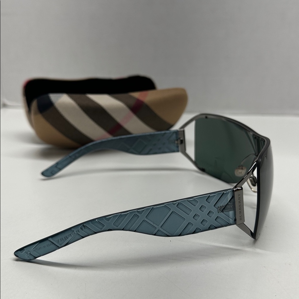 Burberry Shield Sunglasses Oversized Designer Glasses Silver Metal Blue Frames - Picture 4 of 11